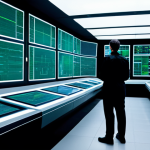 A solitary person, facing away from the camera, standing in a vast, sterile, futuristic control room. The room features towering, minimalist screens displaying intricate, abstract data patterns in cool blue and green tones. The architecture is sleek and monochromatic, emphasizing a sense of silent, pervasive oversight. The person is fully clothed in a modest, simple, utilitarian jumpsuit, appropriate attire for a high-tech environment. The lighting is cool and artificial, casting long, clean shadows. This scene is safe for work, appropriate content, professional photography, high quality, perfect anatomy, correct proportions, natural pose, well-formed hands, proper finger count, natural body proportions.