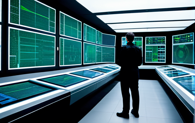 A solitary person, facing away from the camera, standing in a vast, sterile, futuristic control room. The room features towering, minimalist screens displaying intricate, abstract data patterns in cool blue and green tones. The architecture is sleek and monochromatic, emphasizing a sense of silent, pervasive oversight. The person is fully clothed in a modest, simple, utilitarian jumpsuit, appropriate attire for a high-tech environment. The lighting is cool and artificial, casting long, clean shadows. This scene is safe for work, appropriate content, professional photography, high quality, perfect anatomy, correct proportions, natural pose, well-formed hands, proper finger count, natural body proportions.