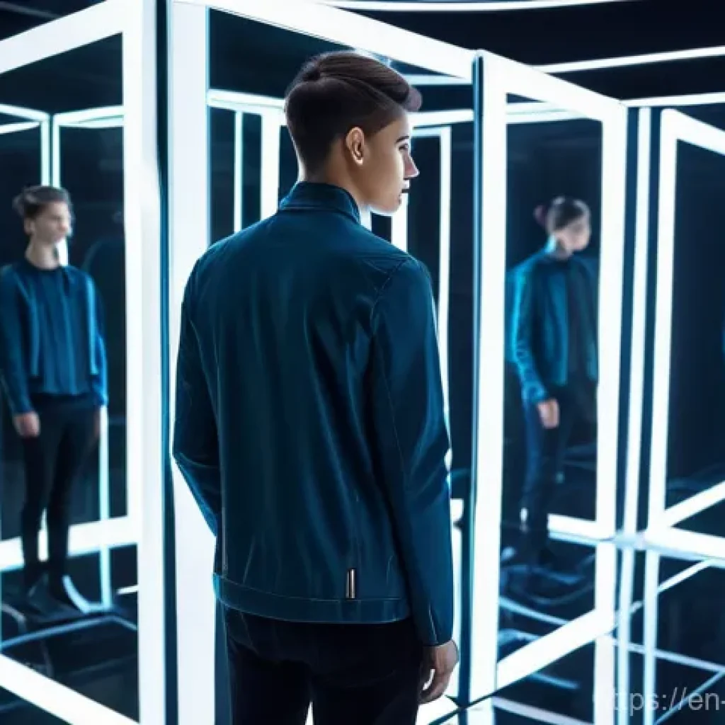 디스토피아적 사회에서의 개인의 자유 - The Algorithmic Reflection**
A young adult, appearing to be in their early twenties, with a thought...