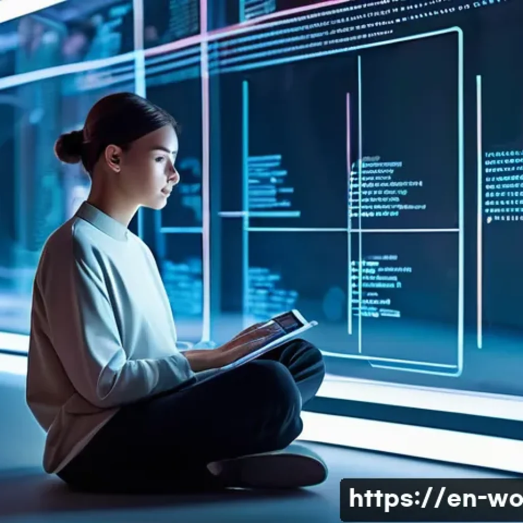 디스토피아적 사회의 상징으로서의 미디어 - **Title: The Algorithmic Current**
A young adult, gender-neutral, is comfortably seated in a fut...