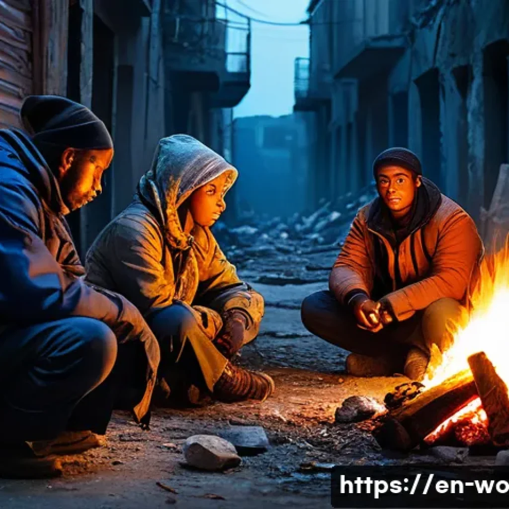 디스토피아적 환경에서의 인간의 선택 - A tense dystopian urban scene at dusk featuring a diverse group of survivors cautiously sharing scar...