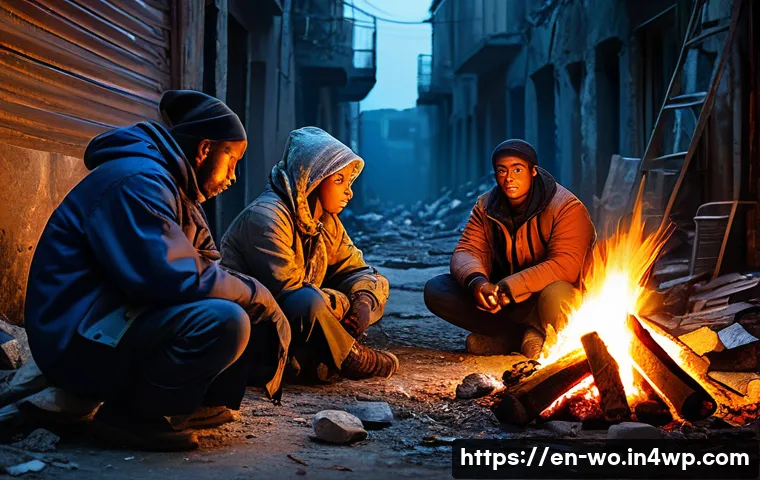 디스토피아적 환경에서의 인간의 선택 - A tense dystopian urban scene at dusk featuring a diverse group of survivors cautiously sharing scar...