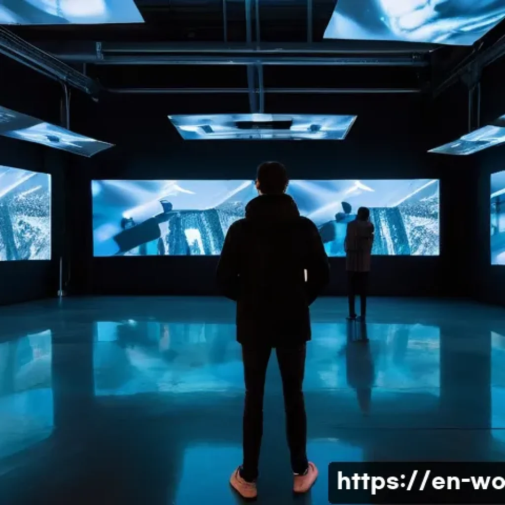 디스토피아적 사회를 반영한 현대 미술 - A large-scale interactive art installation in a dimly lit urban gallery space, featuring multiple su...
