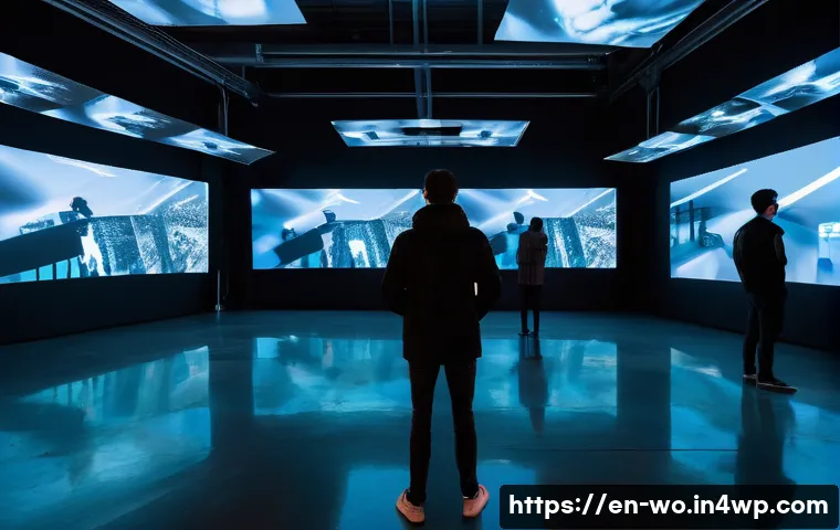 디스토피아적 사회를 반영한 현대 미술 - A large-scale interactive art installation in a dimly lit urban gallery space, featuring multiple su...