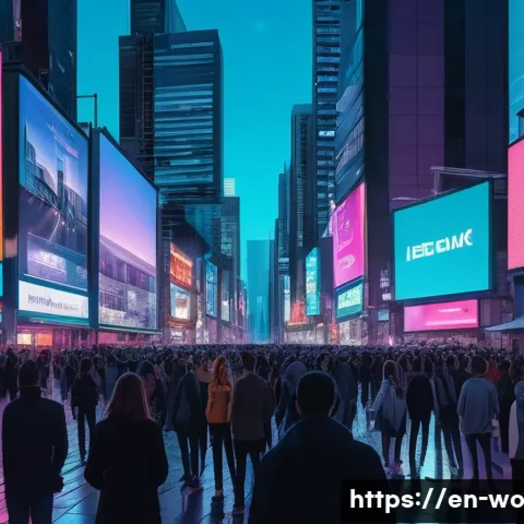 디스토피아적 경고를 통한 현실 고찰 - A futuristic urban scene showing a diverse group of people in a crowded city plaza, each absorbed in...