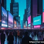 디스토피아적 경고를 통한 현실 고찰 - A futuristic urban scene showing a diverse group of people in a crowded city plaza, each absorbed in...