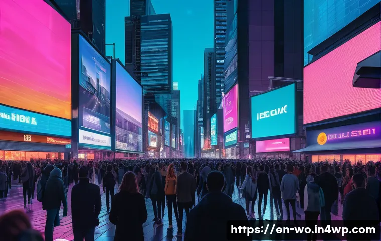 디스토피아적 경고를 통한 현실 고찰 - A futuristic urban scene showing a diverse group of people in a crowded city plaza, each absorbed in...