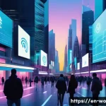 디스토피아적 미래에 관한 설문 조사 - A futuristic urban scene at dusk featuring diverse people cautiously using encrypted smartphones and...