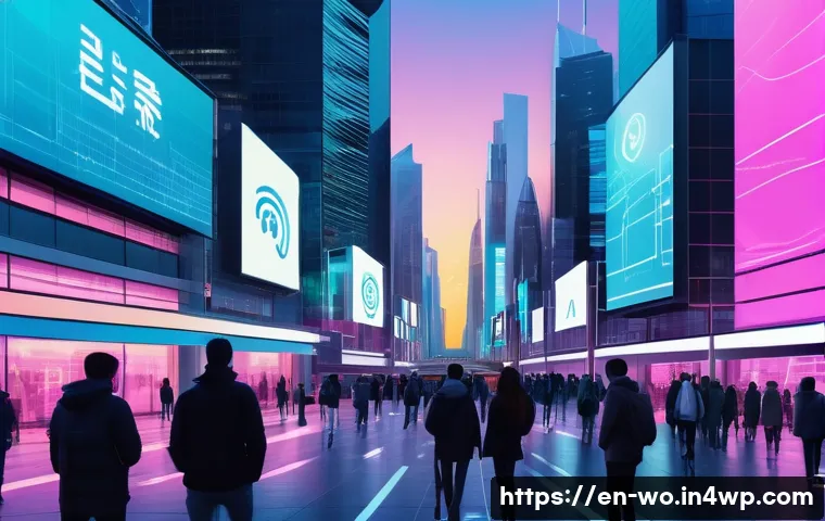 디스토피아적 미래에 관한 설문 조사 - A futuristic urban scene at dusk featuring diverse people cautiously using encrypted smartphones and...