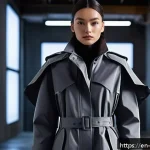 디스토피아적 세계관을 반영한 패션 디자인 - A futuristic urban explorer wearing a modular, asymmetrical gunmetal gray trench coat with exaggerat...