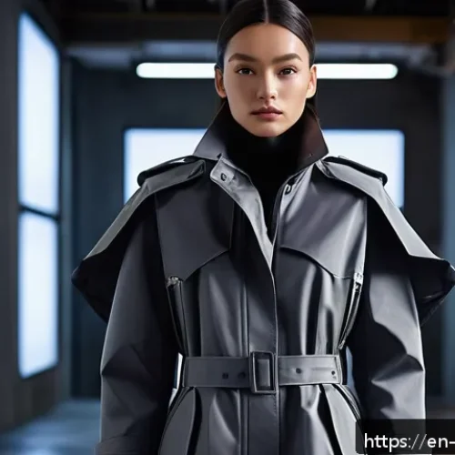 디스토피아적 세계관을 반영한 패션 디자인 - A futuristic urban explorer wearing a modular, asymmetrical gunmetal gray trench coat with exaggerat...