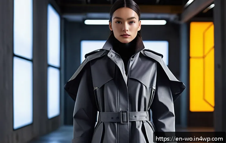 디스토피아적 세계관을 반영한 패션 디자인 - A futuristic urban explorer wearing a modular, asymmetrical gunmetal gray trench coat with exaggerat...
