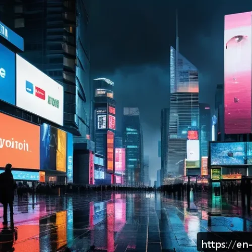 디스토피아적 경고의 글로벌한 시각 - A futuristic cityscape under a dark, stormy sky, with towering skyscrapers covered in digital billbo...