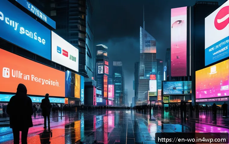 디스토피아적 경고의 글로벌한 시각 - A futuristic cityscape under a dark, stormy sky, with towering skyscrapers covered in digital billbo...
