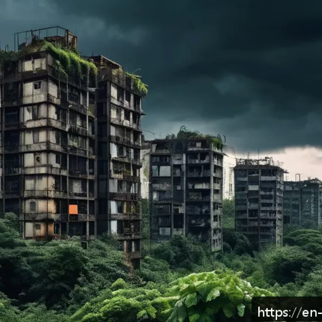 디스토피아적 세계관이 반영된 게임 - A detailed dystopian cityscape at dusk, featuring crumbling skyscrapers overgrown with dense vines a...