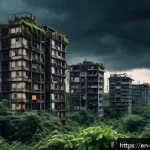 디스토피아적 세계관이 반영된 게임 - A detailed dystopian cityscape at dusk, featuring crumbling skyscrapers overgrown with dense vines a...
