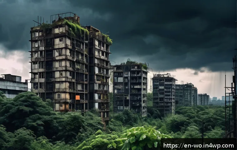 디스토피아적 세계관이 반영된 게임 - A detailed dystopian cityscape at dusk, featuring crumbling skyscrapers overgrown with dense vines a...