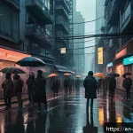 디스토피아 경고와 정신 건강의 관계 - A moody dystopian urban scene at twilight, depicting a crowded futuristic city with towering neon-li...