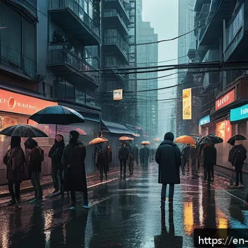 디스토피아 경고와 정신 건강의 관계 - A moody dystopian urban scene at twilight, depicting a crowded futuristic city with towering neon-li...