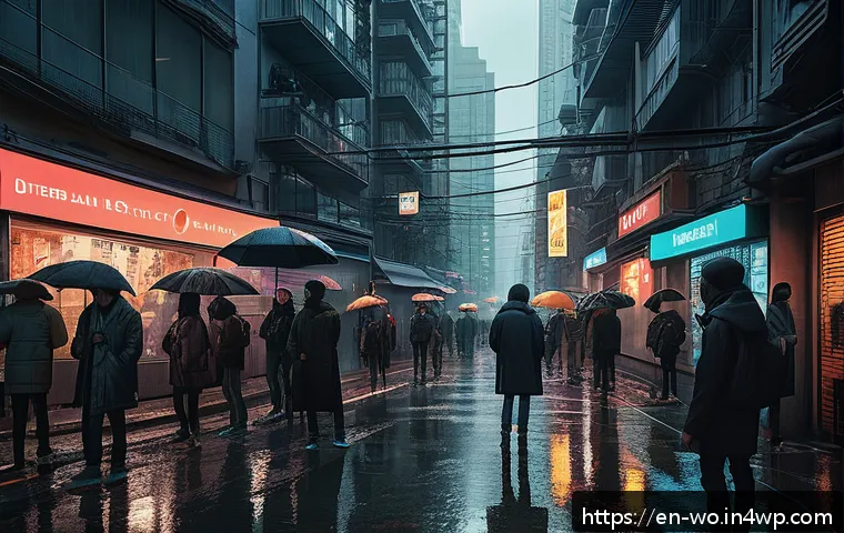 디스토피아 경고와 정신 건강의 관계 - A moody dystopian urban scene at twilight, depicting a crowded futuristic city with towering neon-li...
