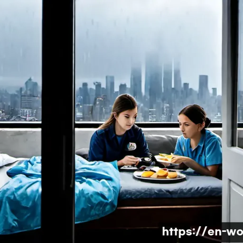 디스토피아적 사회의 가족 구조 변화 - Photorealistic dystopian American apartment tower at dawn, a multigenerational family gathered in a ...
