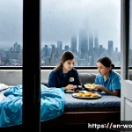 Home 18 디스토피아적 사회의 가족 구조 변화 - Photorealistic dystopian American apartment tower at dawn, a multigenerational family gathered in a ...