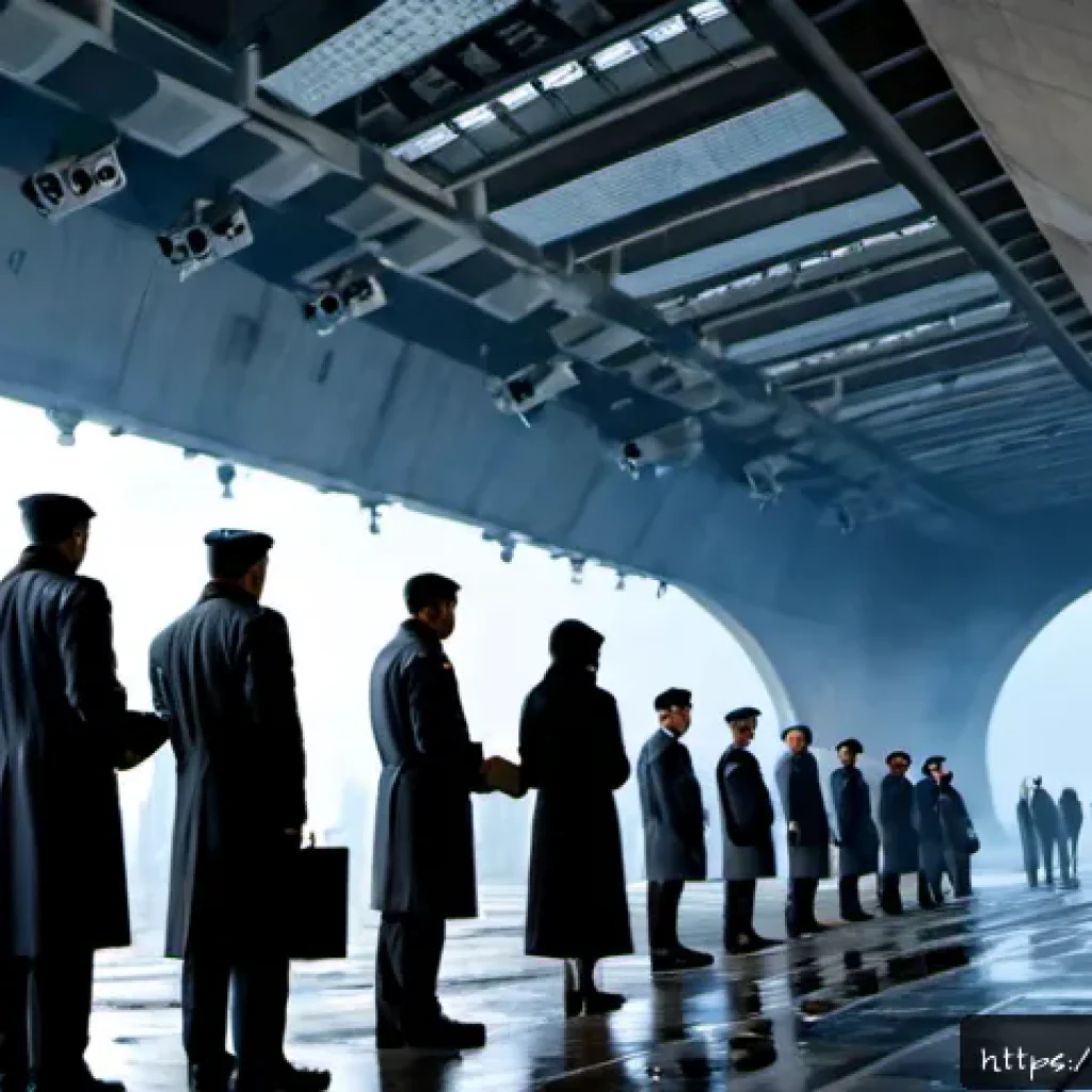 디스토피아적 미래에서의 정부의 역할 - Photorealistic dystopian future city at dawn, a monumental government distribution center beneath to...
