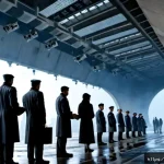 Home 23 디스토피아적 미래에서의 정부의 역할 - Photorealistic dystopian future city at dawn, a monumental government distribution center beneath to...