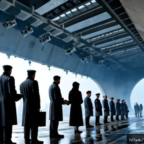 Home 17 디스토피아적 미래에서의 정부의 역할 - Photorealistic dystopian future city at dawn, a monumental government distribution center beneath to...