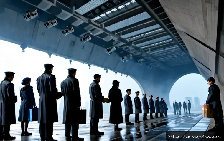 디스토피아적 미래에서의 정부의 역할 - Photorealistic dystopian future city at dawn, a monumental government distribution center beneath to...