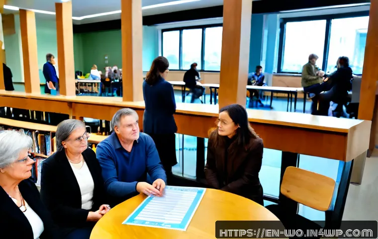 디스토피아적 윤리 문제의 해결 방안 - Photorealistic community ethics council in a bright modern public library, diverse adults and an old...