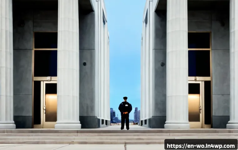 디스토피아적 사회의 법률과 제도 - Photorealistic dystopian courthouse exterior in a modern American city, a lone citizen in plain ever...